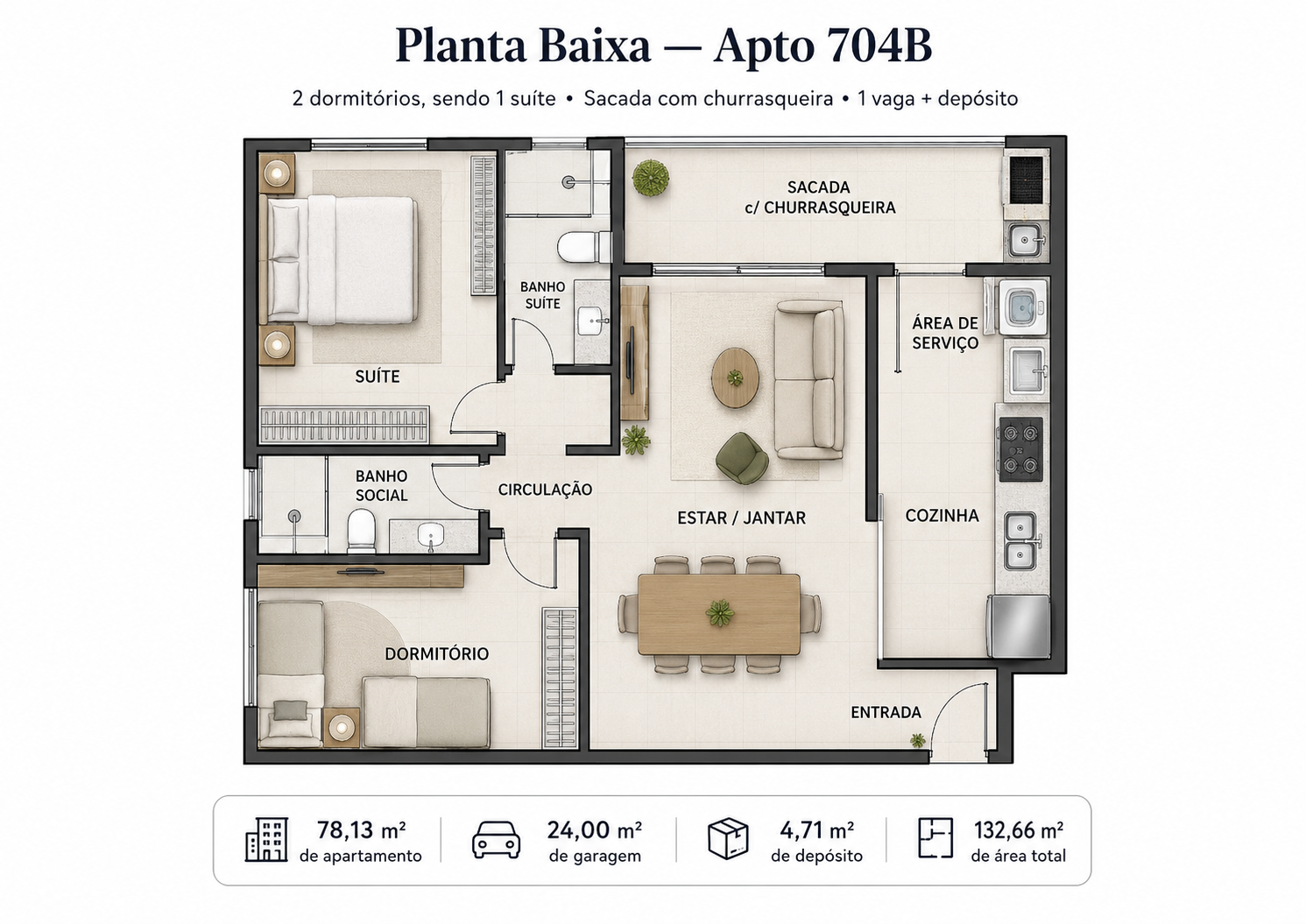 Planta baixa do Apartamento 704B com 2 dormitórios, 1 suíte, sacada com churrasqueira, 1 vaga de garagem e depósito