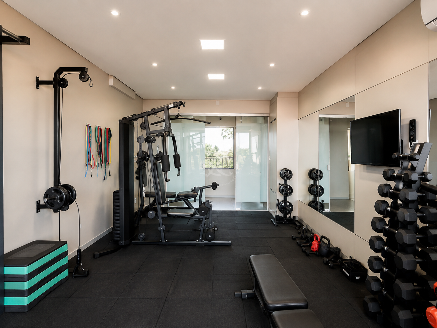 Academia do condomínio equipada com estação de musculação, halteres, kettlebells, banco e espelhos